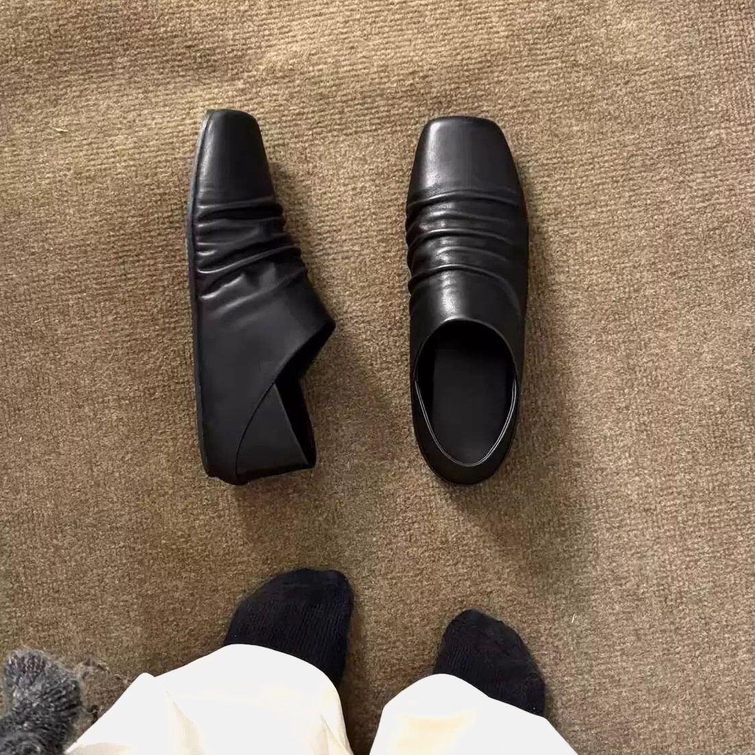 CREASED square-toe loafer in black, top-down